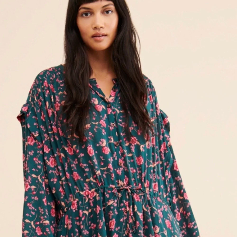 Free People Flower Fields Mini Dress Green Floral Boho Long Sleeve Sz M Flowy